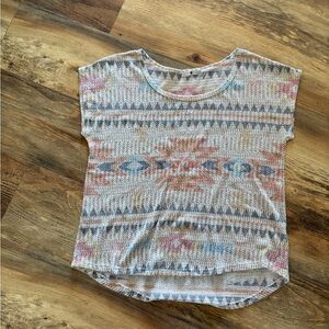 Blu Planet Short Sleeve Aztec-Print Tee in Cream, Blue, Pink, Tan